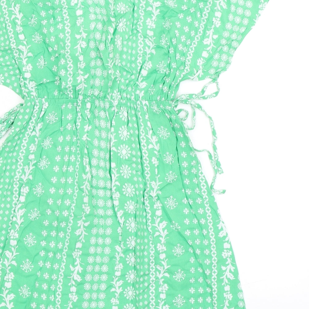 Marks and Spencer Womens Green Floral Viscose Fit & Flare Size 8 V-Neck - Elasticated Waist