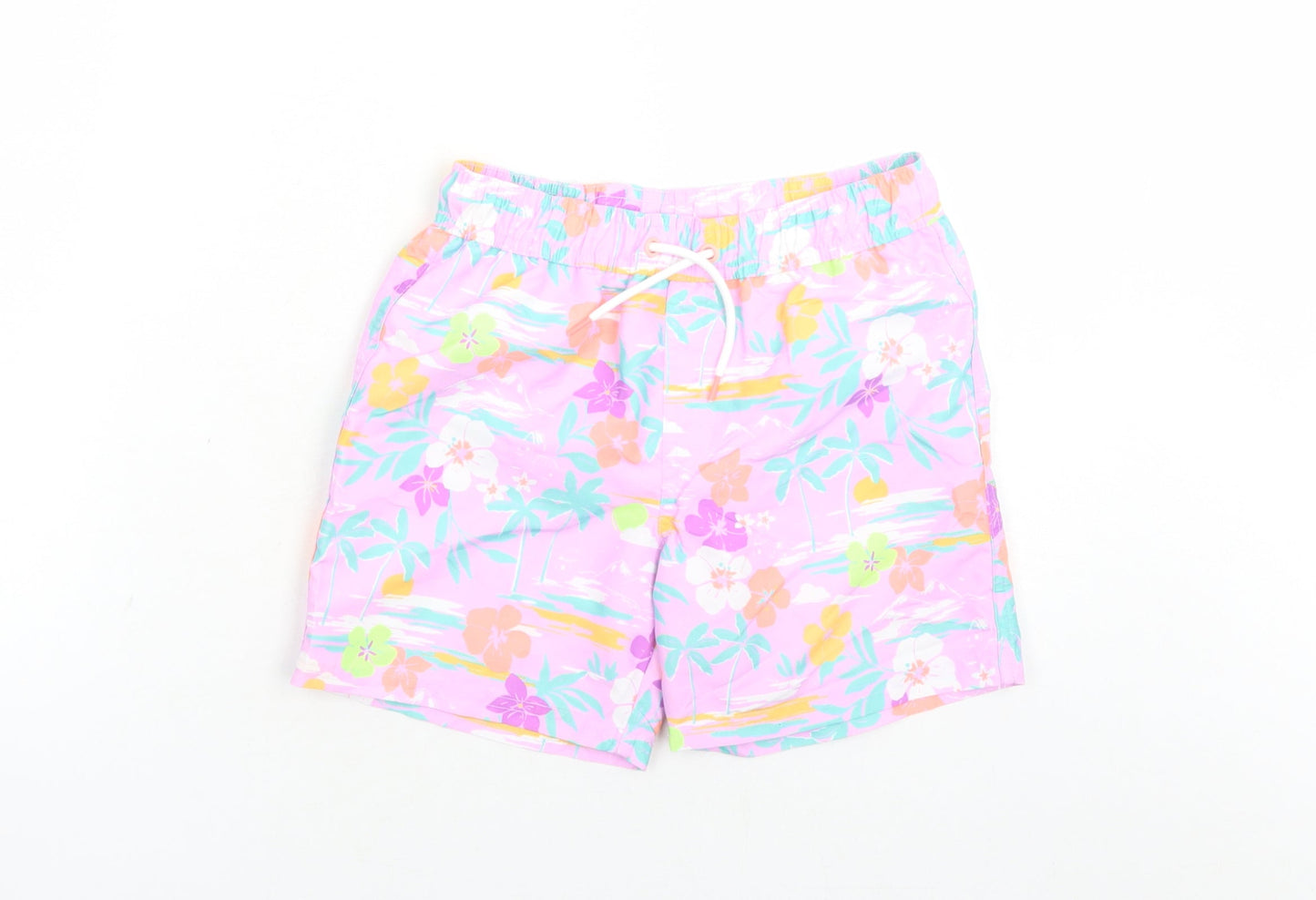 Marks and Spencer Boys Purple Floral Polyester Sweat Shorts Size 7-8 Years Regular Drawstring - Elasticated Waist Swim Shorts