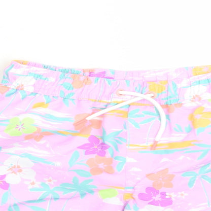 Marks and Spencer Boys Purple Floral Polyester Sweat Shorts Size 7-8 Years Regular Drawstring - Elasticated Waist Swim Shorts