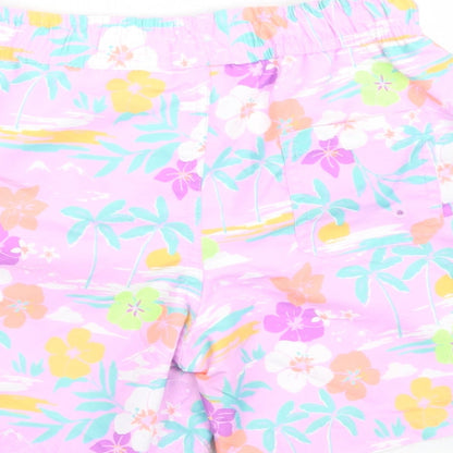 Marks and Spencer Boys Purple Floral Polyester Sweat Shorts Size 7-8 Years Regular Drawstring - Elasticated Waist Swim Shorts