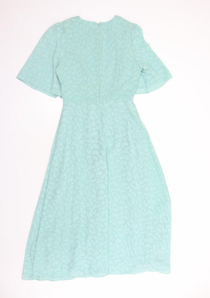 Marks and Spencer Womens Green Geometric Polyester A-Line Size 8 V-Neck Zip
