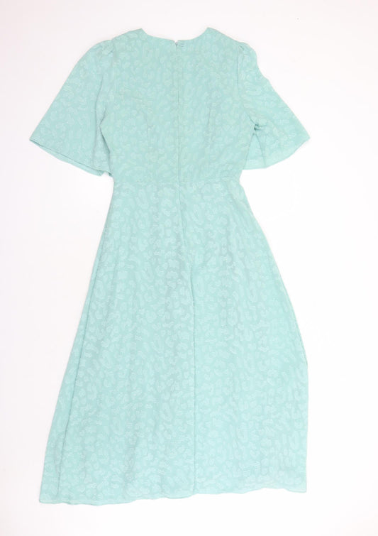 Marks and Spencer Womens Green Geometric Polyester A-Line Size 8 V-Neck Zip