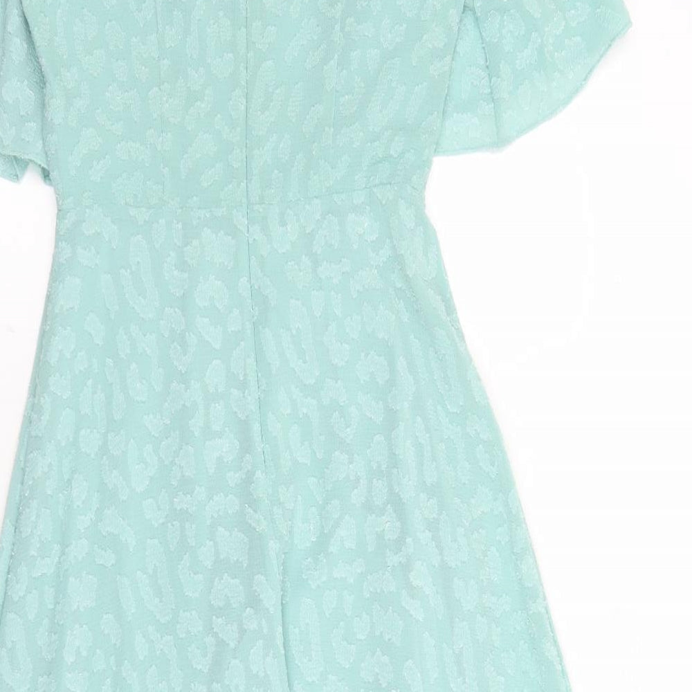 Marks and Spencer Womens Green Geometric Polyester A-Line Size 8 V-Neck Zip
