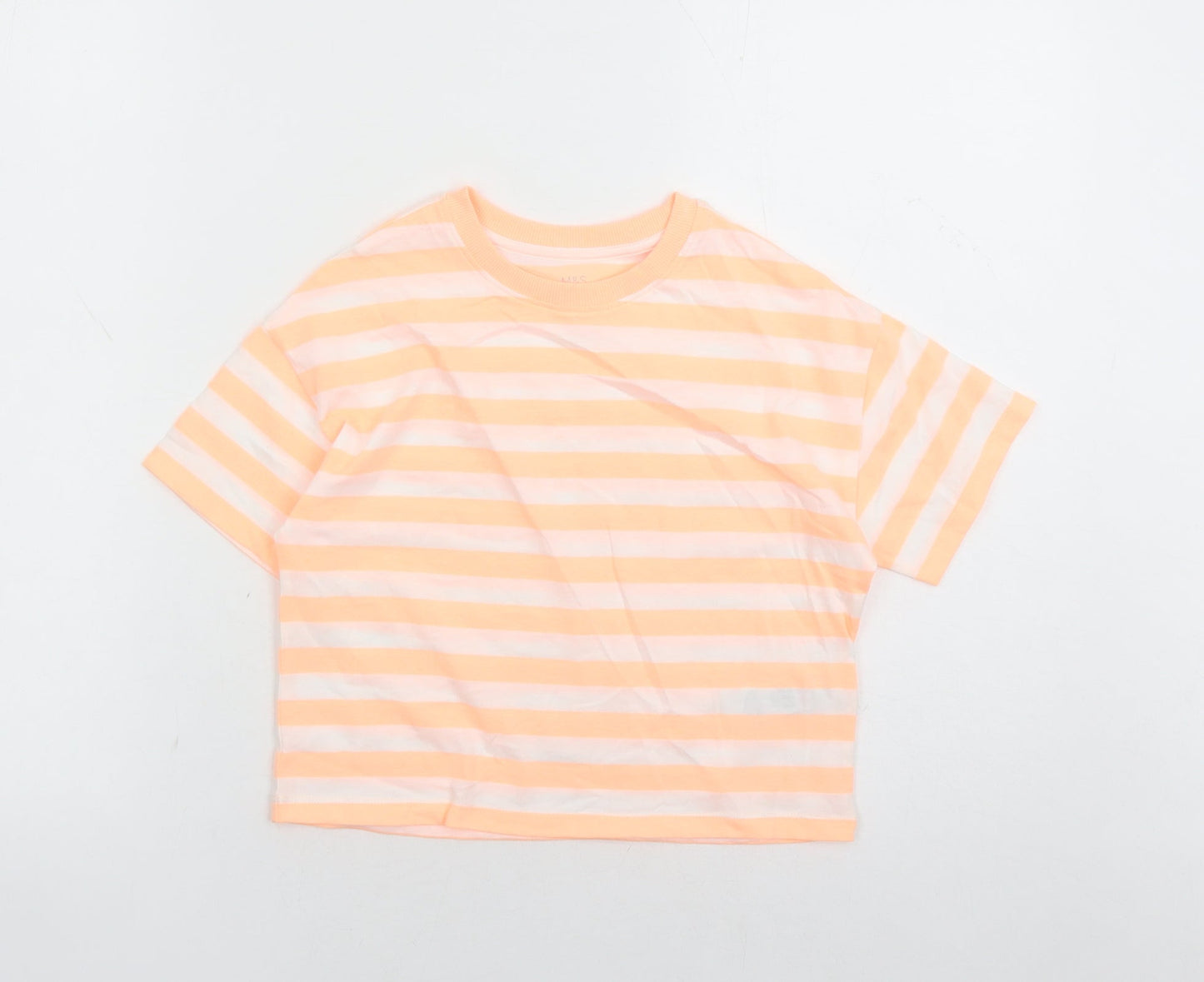 Marks and Spencer Girls Orange Striped Cotton Basic T-Shirt Size 7-8 Years Crew Neck Pullover