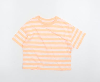 Marks and Spencer Girls Orange Striped Cotton Basic T-Shirt Size 7-8 Years Crew Neck Pullover