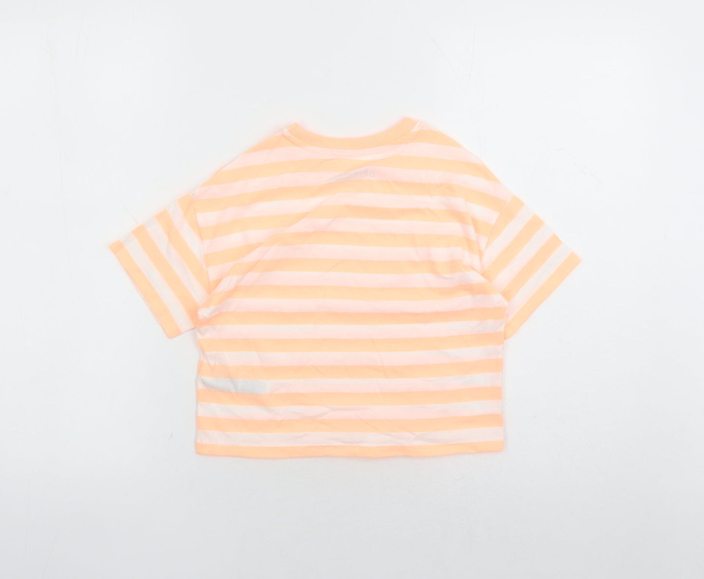 Marks and Spencer Girls Orange Striped Cotton Basic T-Shirt Size 7-8 Years Crew Neck Pullover