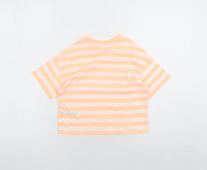 Marks and Spencer Girls Orange Striped Cotton Basic T-Shirt Size 7-8 Years Crew Neck Pullover
