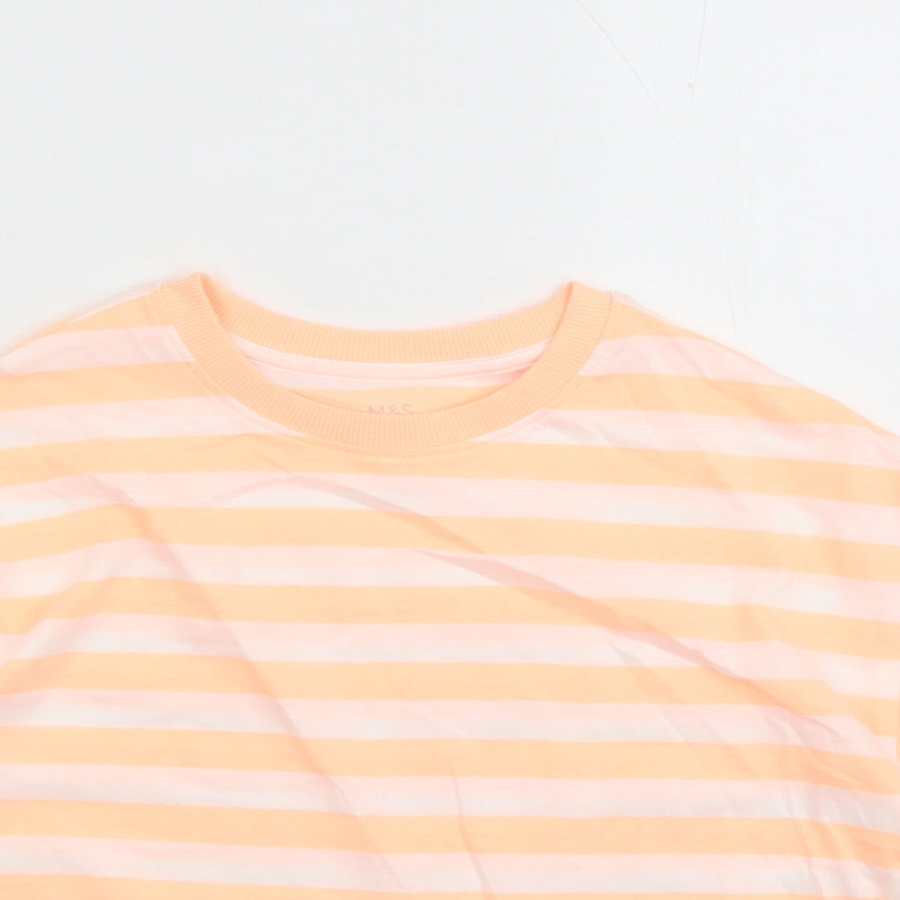 Marks and Spencer Girls Orange Striped Cotton Basic T-Shirt Size 7-8 Years Crew Neck Pullover