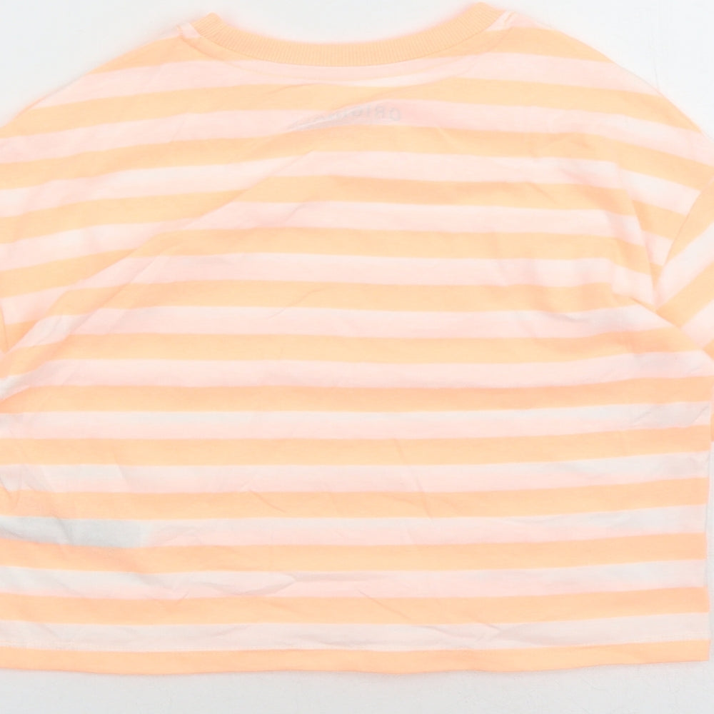 Marks and Spencer Girls Orange Striped Cotton Basic T-Shirt Size 7-8 Years Crew Neck Pullover
