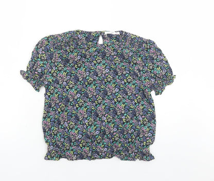 Marks and Spencer Girls Black Floral Viscose Basic Blouse Size 12-13 Years Round Neck Button