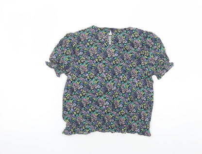 Marks and Spencer Girls Black Floral Viscose Basic Blouse Size 12-13 Years Round Neck Button