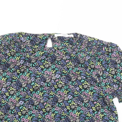 Marks and Spencer Girls Black Floral Viscose Basic Blouse Size 12-13 Years Round Neck Button