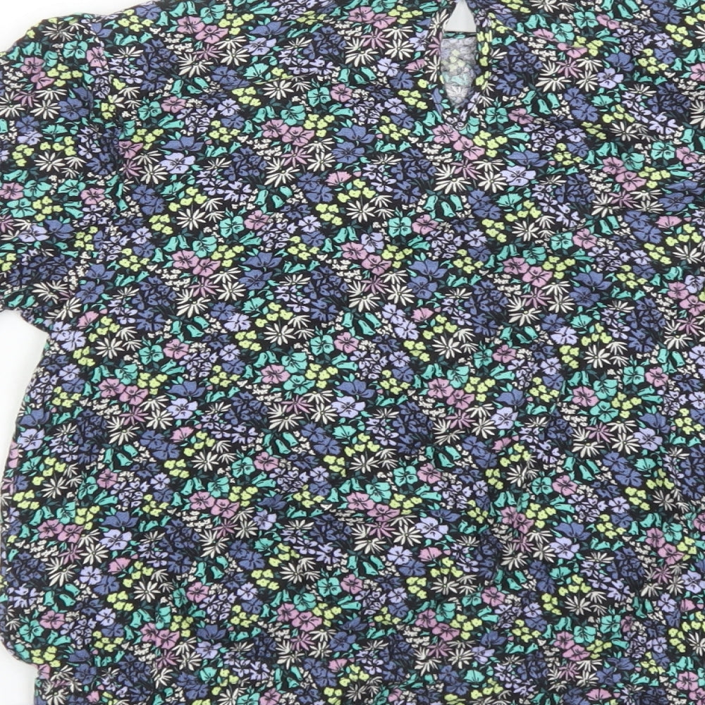 Marks and Spencer Girls Black Floral Viscose Basic Blouse Size 12-13 Years Round Neck Button