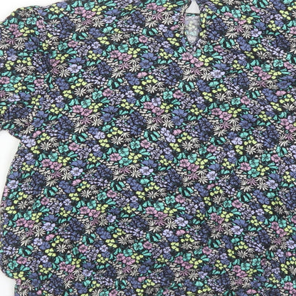 Marks and Spencer Girls Black Floral Viscose Basic Blouse Size 12-13 Years Round Neck Button