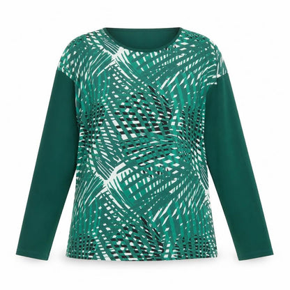 Cadena Womens Green Geometric Polyester Basic Blouse Size 14 Round Neck
