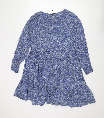 Marks and Spencer Womens Blue Floral Cotton A-Line Size 12 Round Neck Button - Drawstring Waist