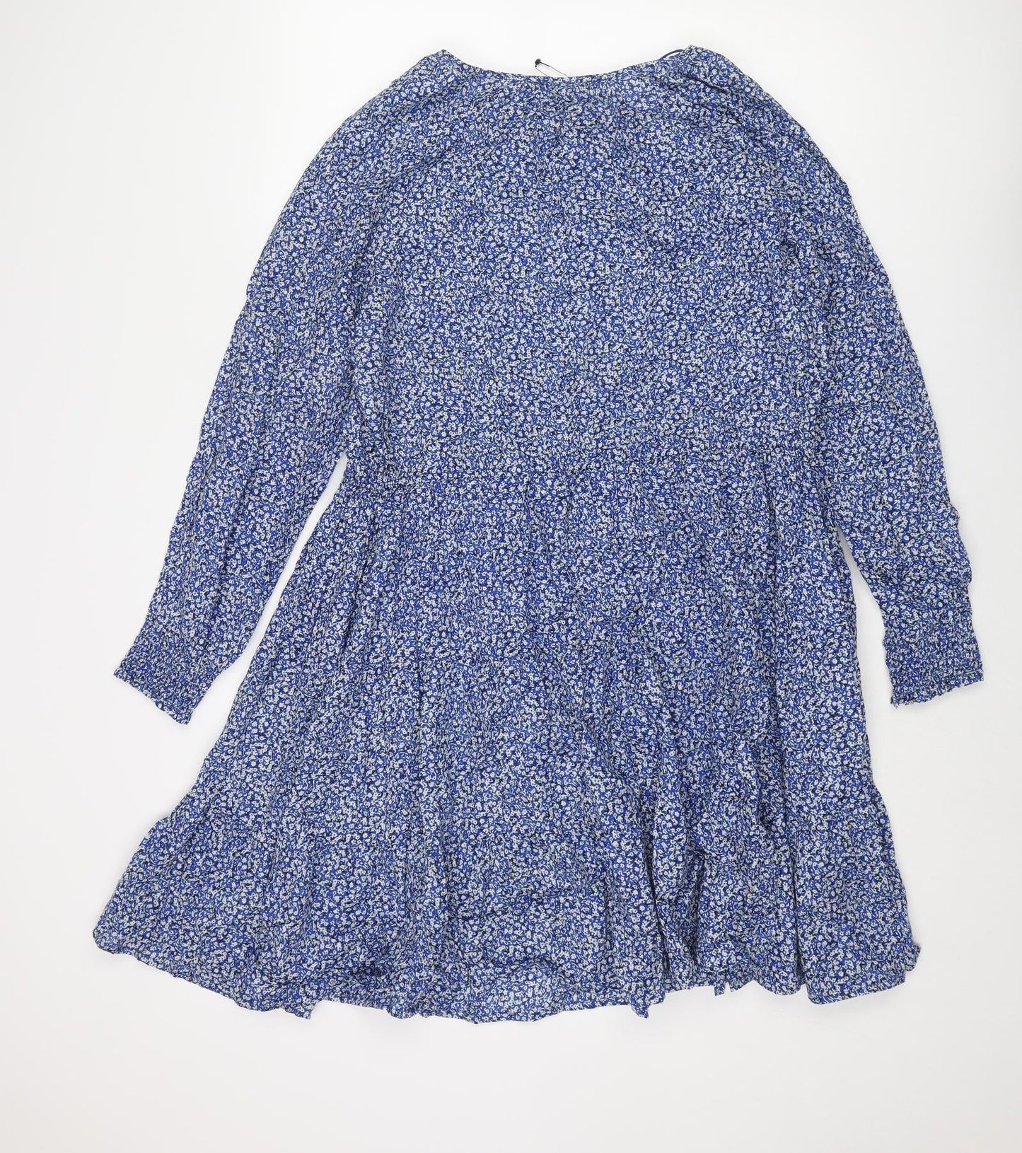 Marks and Spencer Womens Blue Floral Cotton A-Line Size 12 Round Neck Button - Drawstring Waist