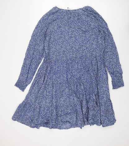 Marks and Spencer Womens Blue Floral Cotton A-Line Size 12 Round Neck Button - Drawstring Waist