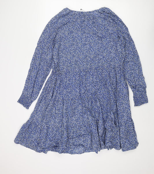 Marks and Spencer Womens Blue Floral Cotton A-Line Size 12 Round Neck Button - Drawstring Waist