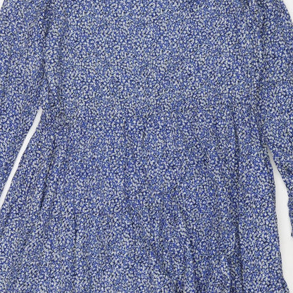 Marks and Spencer Womens Blue Floral Cotton A-Line Size 12 Round Neck Button - Drawstring Waist