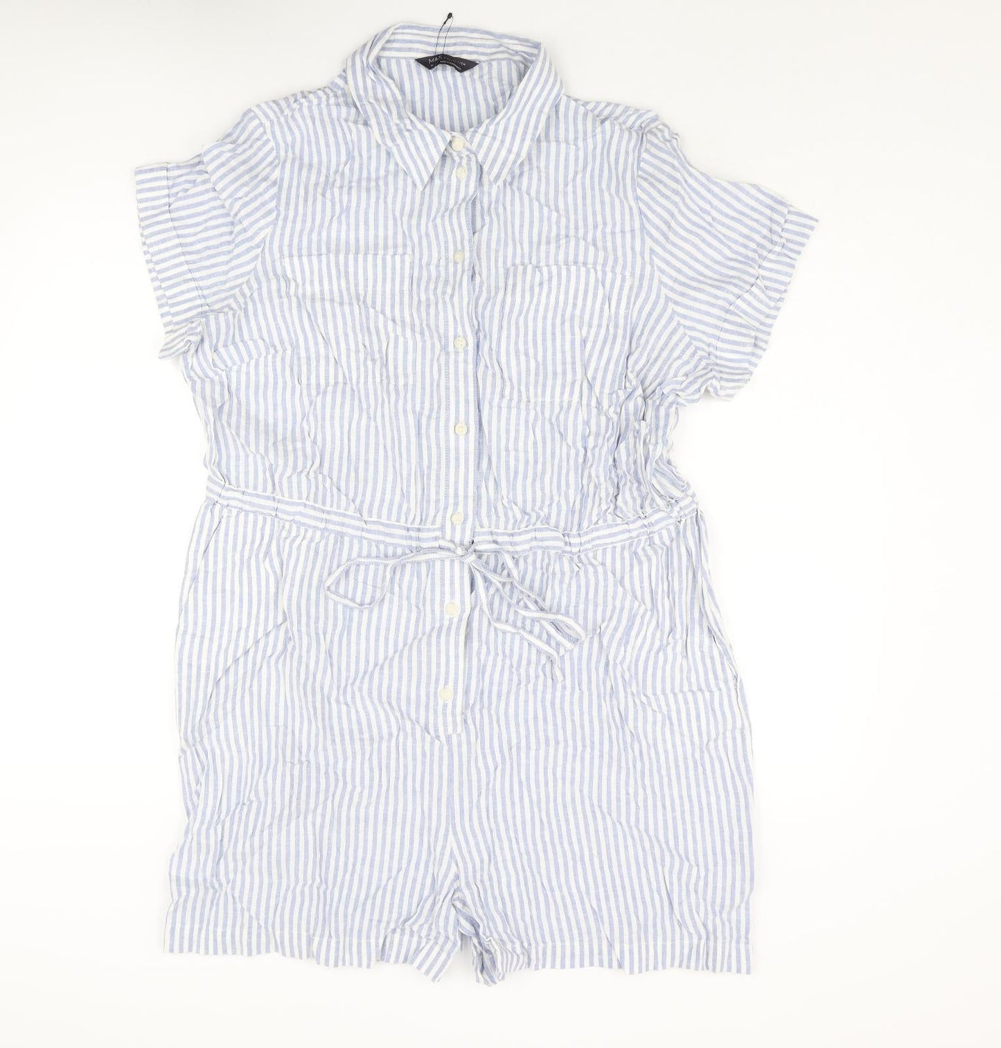 Marks and Spencer Womens Blue Striped Linen Romper One-Piece Size 16 L3 in Button - Drawstring Waist