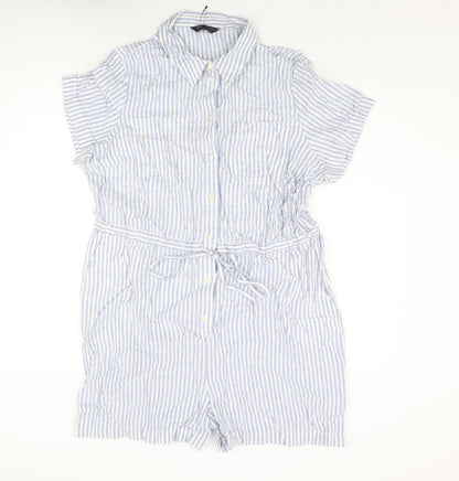 Marks and Spencer Womens Blue Striped Linen Romper One-Piece Size 16 L3 in Button - Drawstring Waist