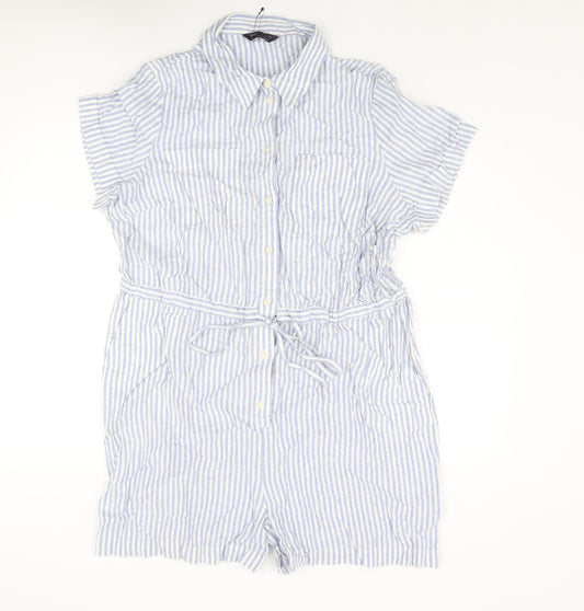Marks and Spencer Womens Blue Striped Linen Romper One-Piece Size 16 L3 in Button - Drawstring Waist
