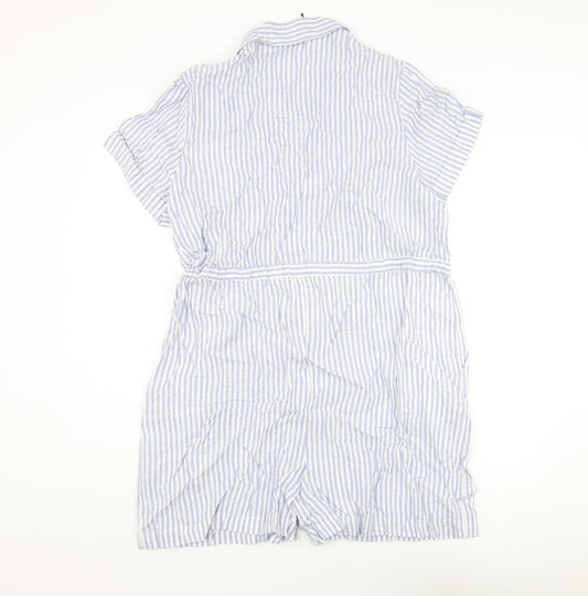 Marks and Spencer Womens Blue Striped Linen Romper One-Piece Size 16 L3 in Button - Drawstring Waist