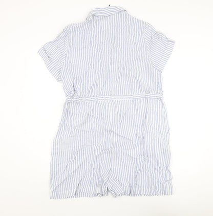 Marks and Spencer Womens Blue Striped Linen Romper One-Piece Size 16 L3 in Button - Drawstring Waist