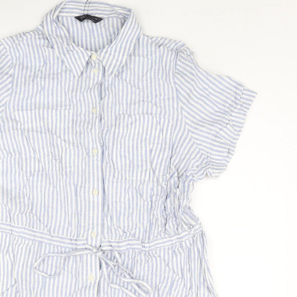 Marks and Spencer Womens Blue Striped Linen Romper One-Piece Size 16 L3 in Button - Drawstring Waist