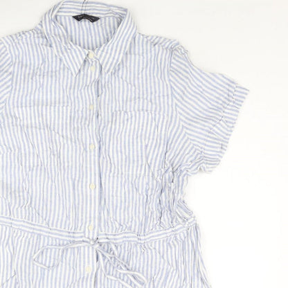 Marks and Spencer Womens Blue Striped Linen Romper One-Piece Size 16 L3 in Button - Drawstring Waist