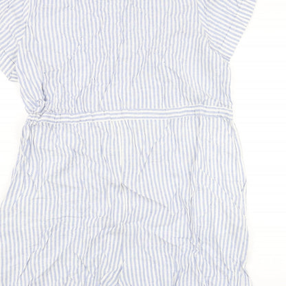 Marks and Spencer Womens Blue Striped Linen Romper One-Piece Size 16 L3 in Button - Drawstring Waist