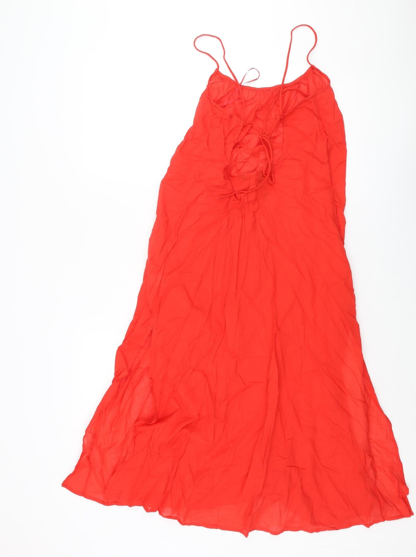 Marks and Spencer Womens Red Cotton Cover Up Size 8 - Dress Open Back Tie Semi Sheer
