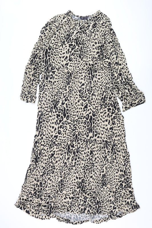 Marks and Spencer Womens Beige Animal Print Viscose Shift Size 12 Round Neck Button - Leopard Print