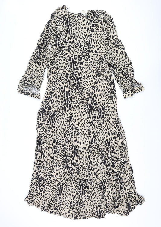 Marks and Spencer Womens Beige Animal Print Viscose Shift Size 12 Round Neck Button - Leopard Print
