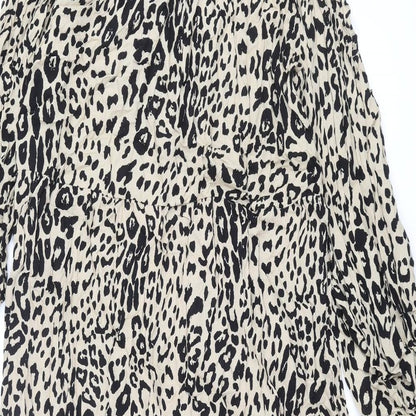 Marks and Spencer Womens Beige Animal Print Viscose Shift Size 12 Round Neck Button - Leopard Print