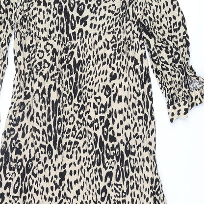 Marks and Spencer Womens Beige Animal Print Viscose Shift Size 12 Round Neck Button - Leopard Print