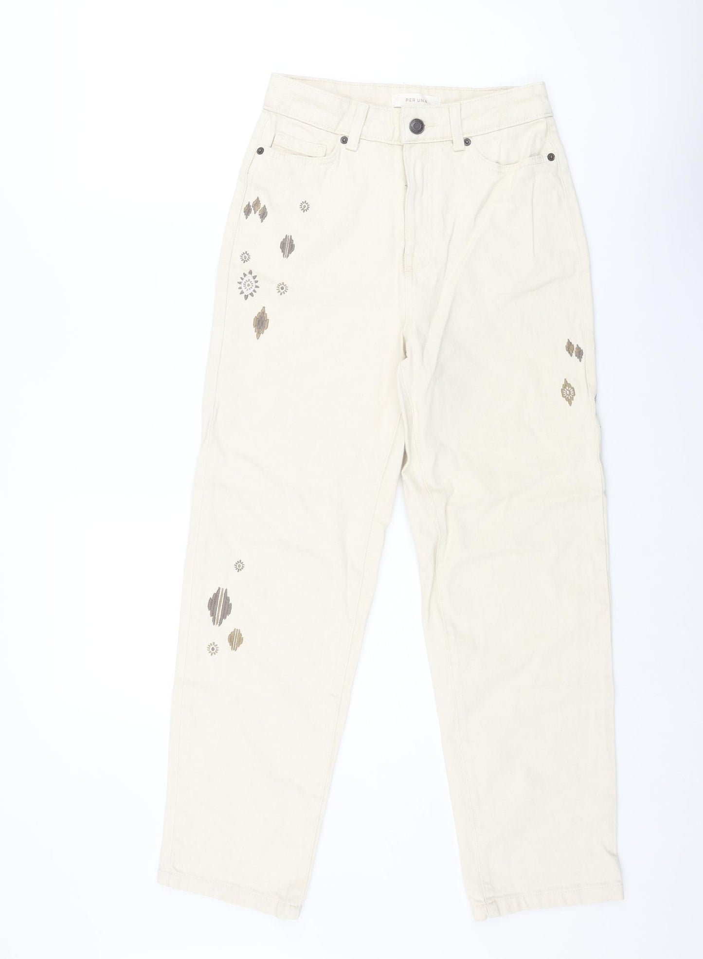 Mark Alexander Womens Beige Cotton Tapered Jeans Size 6 L27 in Regular Zip - Embroidered Detail