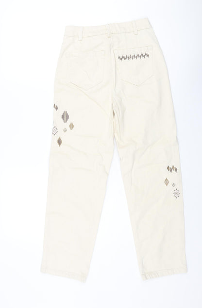 Mark Alexander Womens Beige Cotton Tapered Jeans Size 6 L27 in Regular Zip - Embroidered Detail