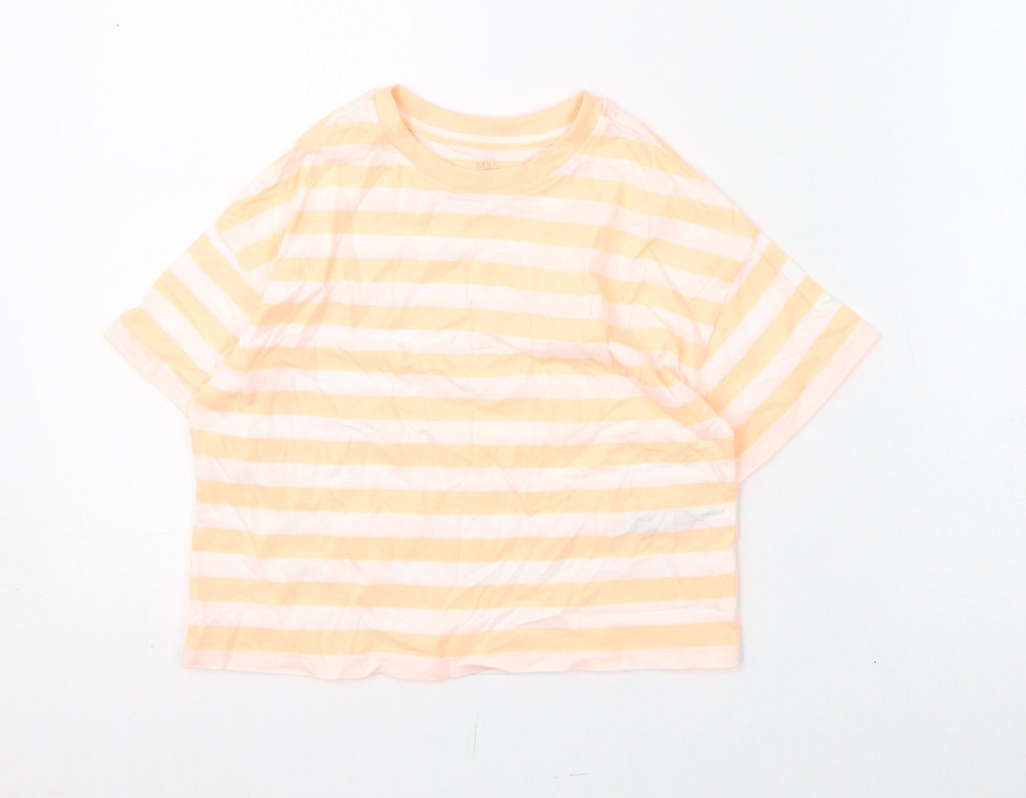 Marks and Spencer Girls Orange Striped Cotton Basic T-Shirt Size 7-8 Years Round Neck Pullover