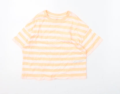 Marks and Spencer Girls Orange Striped Cotton Basic T-Shirt Size 7-8 Years Round Neck Pullover