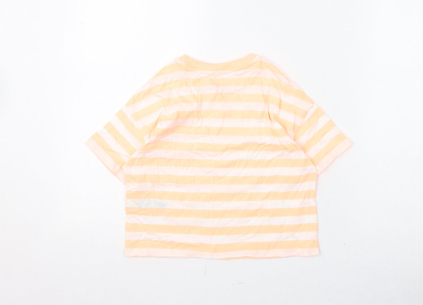 Marks and Spencer Girls Orange Striped Cotton Basic T-Shirt Size 7-8 Years Round Neck Pullover