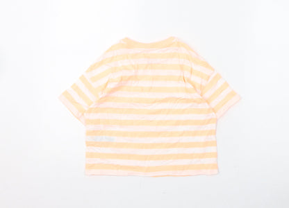 Marks and Spencer Girls Orange Striped Cotton Basic T-Shirt Size 7-8 Years Round Neck Pullover