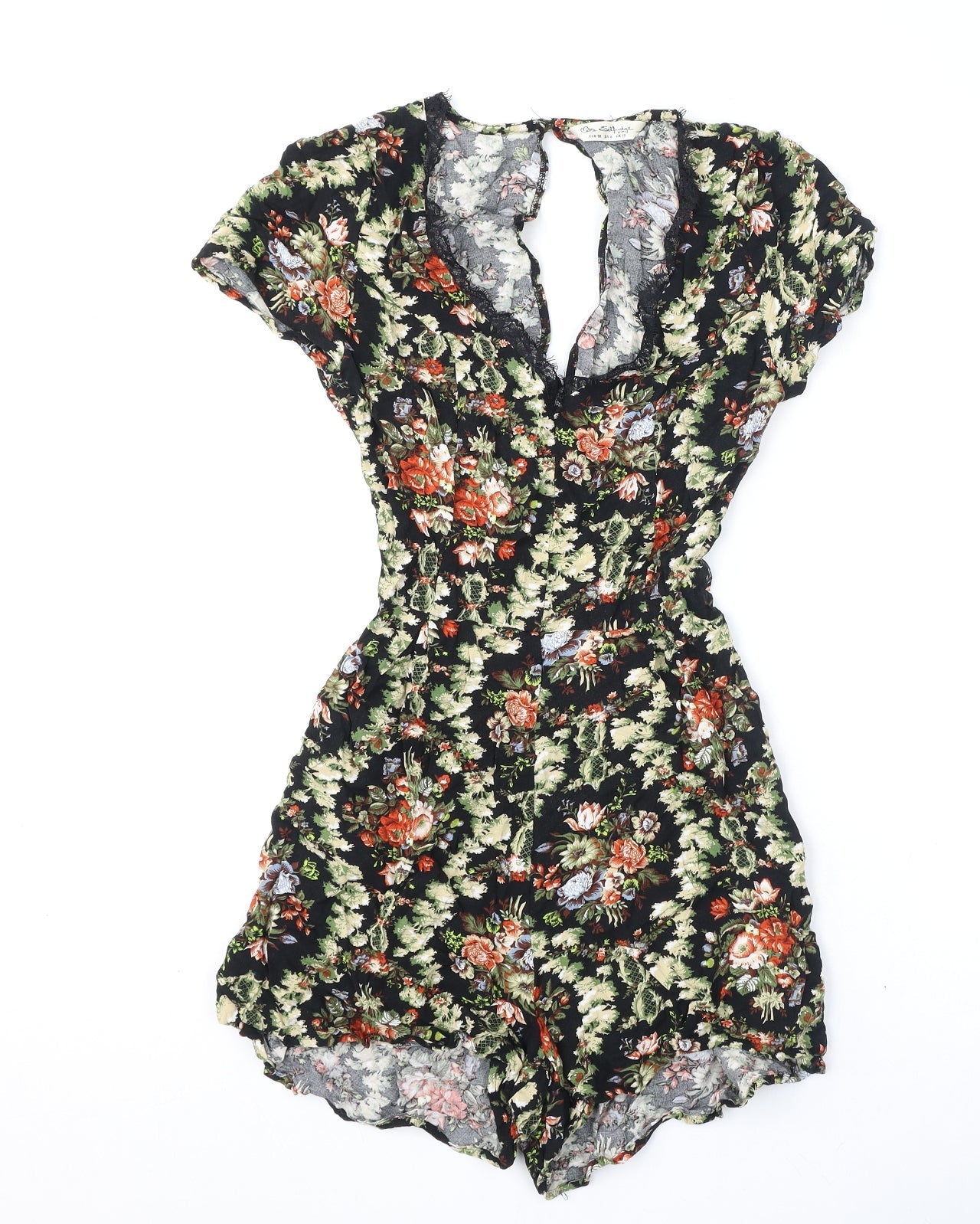 Miss Selfridge Womens Black Floral Viscose Romper One-Piece Size 10 Button - Lace Trim, Cut Out Back