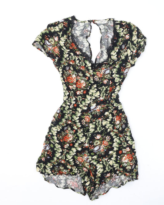 Miss Selfridge Womens Black Floral Viscose Romper One-Piece Size 10 Button - Lace Trim, Cut Out Back