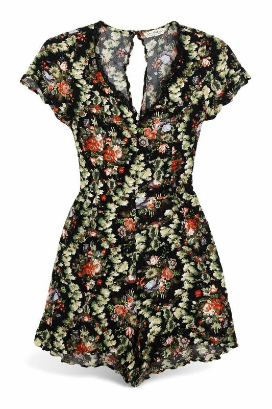 Front view of Miss Selfridge women’s black floral viscose romper one-piece, size UK 10, button - lace trim, cut out back
