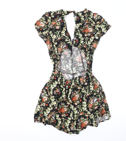 Miss Selfridge Womens Black Floral Viscose Romper One-Piece Size 10 Button - Lace Trim, Cut Out Back