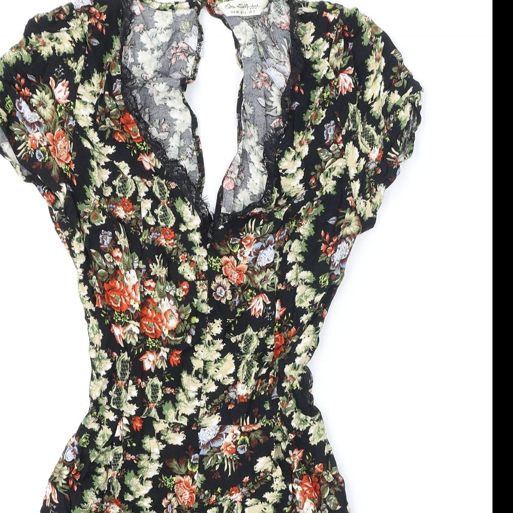 Miss Selfridge Womens Black Floral Viscose Romper One-Piece Size 10 Button - Lace Trim, Cut Out Back