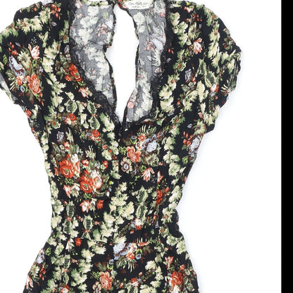 Miss Selfridge Womens Black Floral Viscose Romper One-Piece Size 10 Button - Lace Trim, Cut Out Back