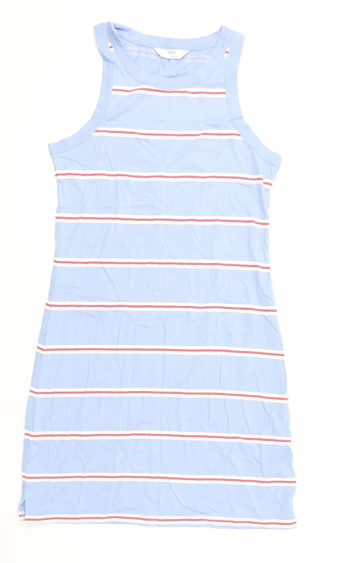 Marks and Spencer Womens Blue Striped Cotton Tank Dress Size S Round Neck Pullover